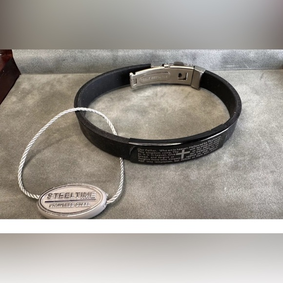 NWT Steeltime Lords Prayer Bracelet Stainless Steel Black Rubber 8.25”, Men's - Picture 1 of 6